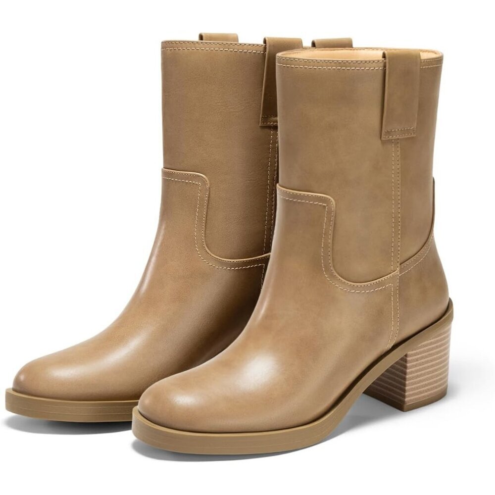 Women's Khaki Platform Mid Calf Boots - Chunky Block Heel Round Toe Stylish